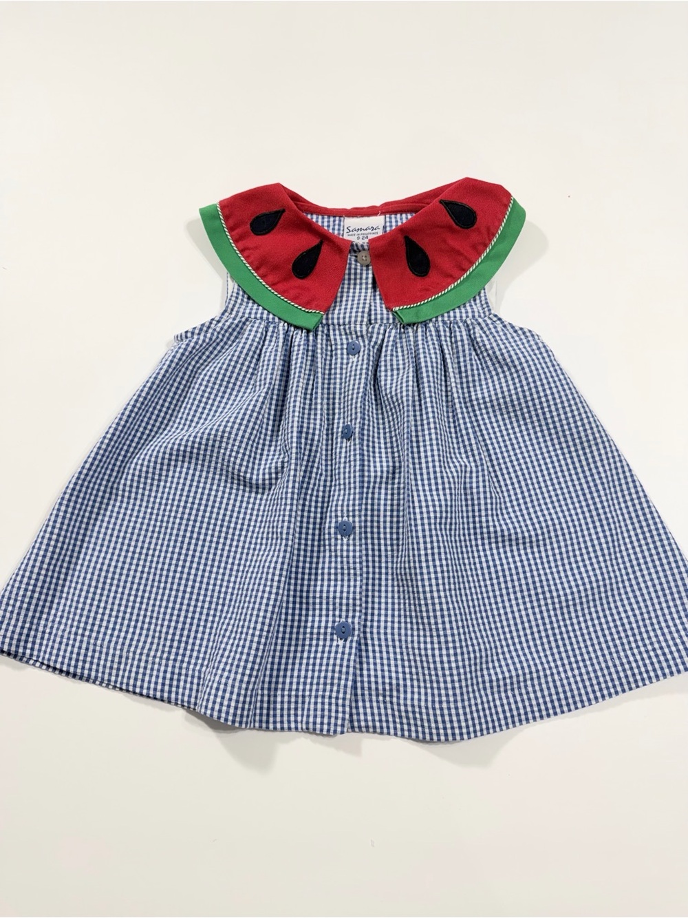 Vintage Samara Watermelon Collar Blue Gingham Dress 24M 90s